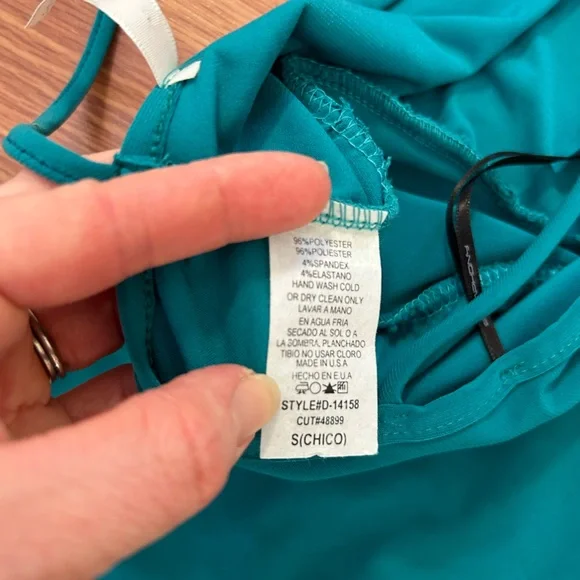 Symphony Turquoise Drape Front Dress with Gold Chain Sides NWOT size Small - Picture 7 of 8